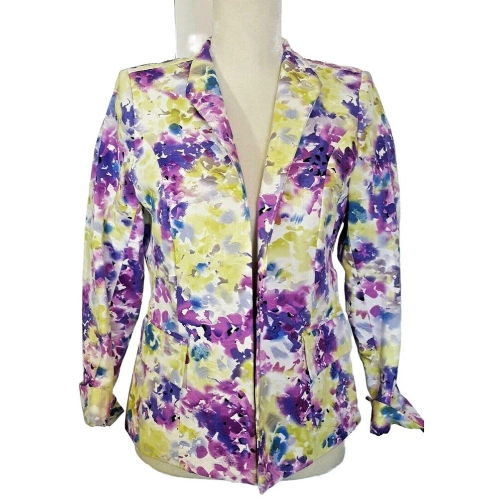 Petites Women’s Open Front Blazer Green Purple 100% Cotton Size 8P NWT